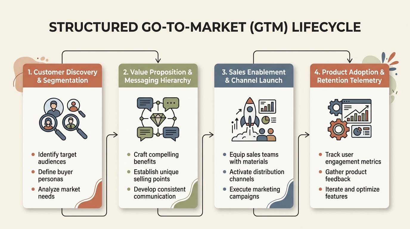 Structured Go-To-Market lifecycle diagram showing customer discovery, messaging hierarchy, sales enablement, and product telemetry