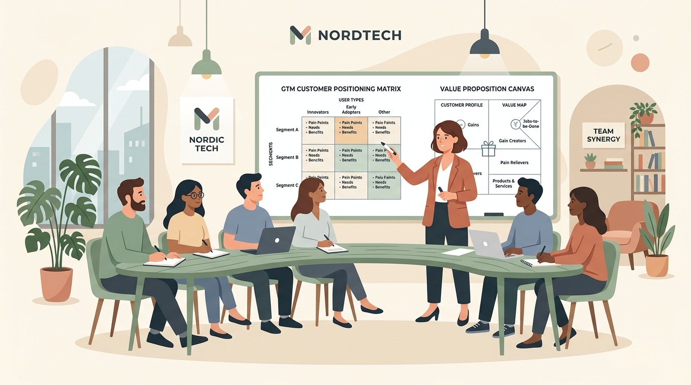 A Product Marketing Manager leading a cross-functional Go-To-Market launch session with a customer positioning matrix
