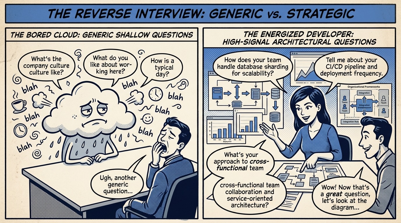 Side by side comparison between generic shallow questions and strategic reverse interview inquiries