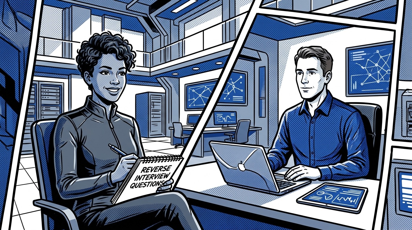 Confident developer candidate asking strategic reverse interview questions with a checklist