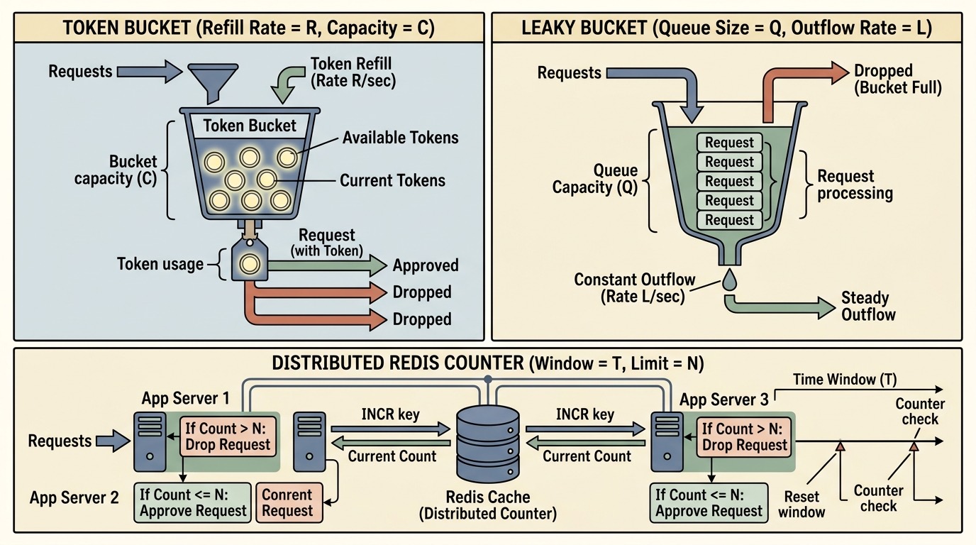 Architectural comparison of Token Bucket, Leaky Bucket, and Distributed Redis Rate Limiter