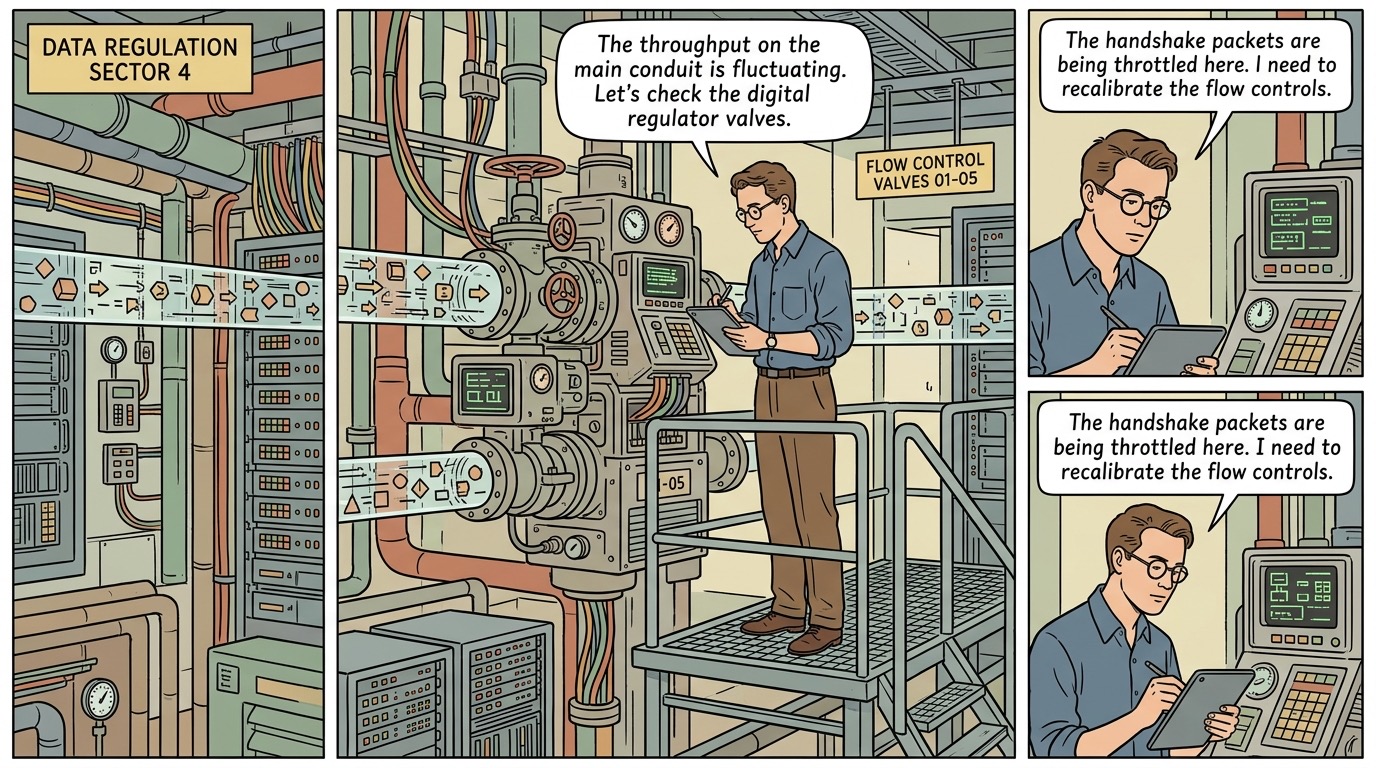 Software engineer inspecting data rate regulation valves in Franco-Belgian Ligne Claire style