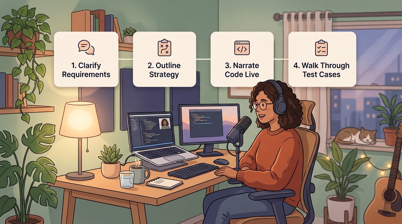 Structured virtual technical screen communication framework covering clarifying requirements, outlining strategy, narrating code live, and walking through test cases