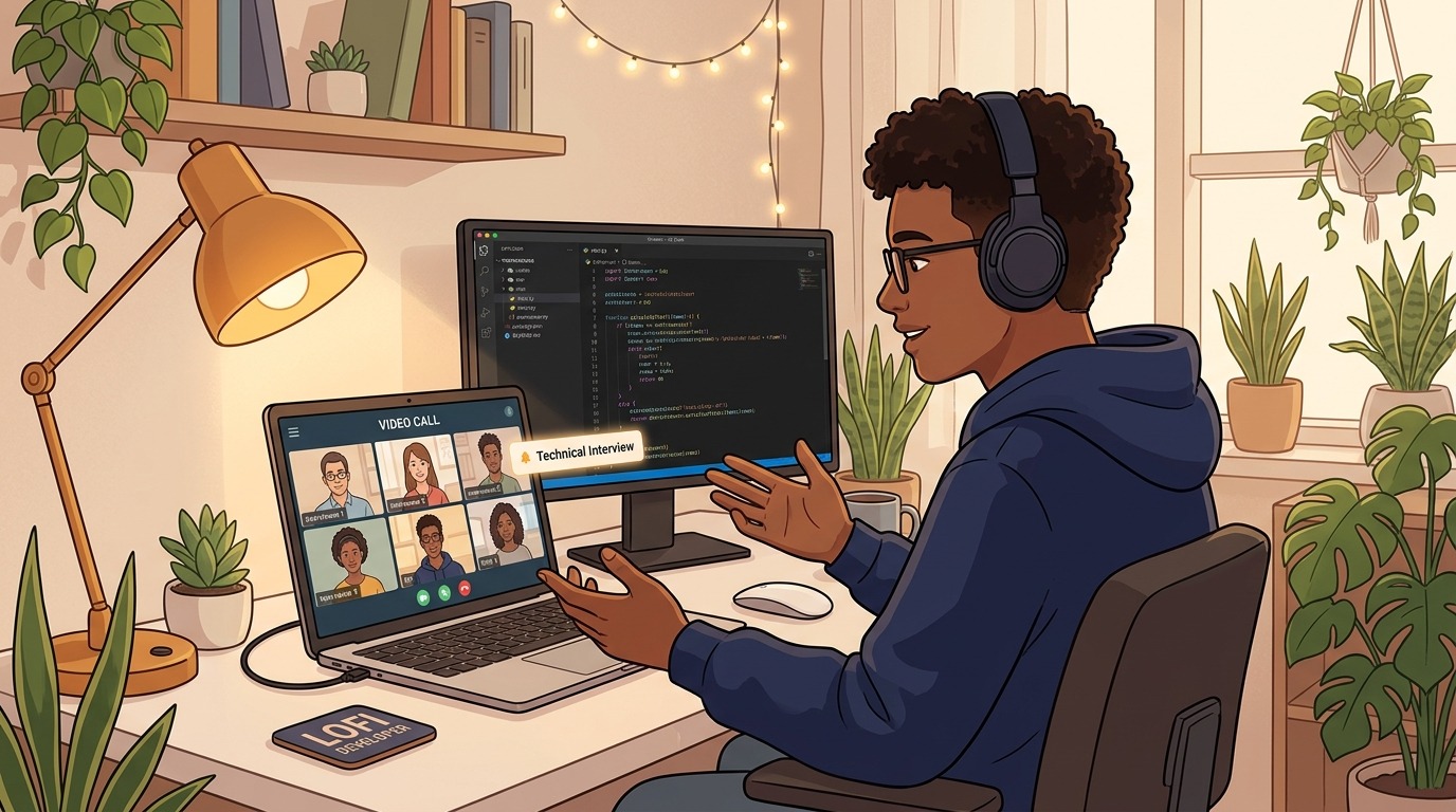 Software developer conducting a remote technical interview in a cozy home office with dual screens and warm desk lighting