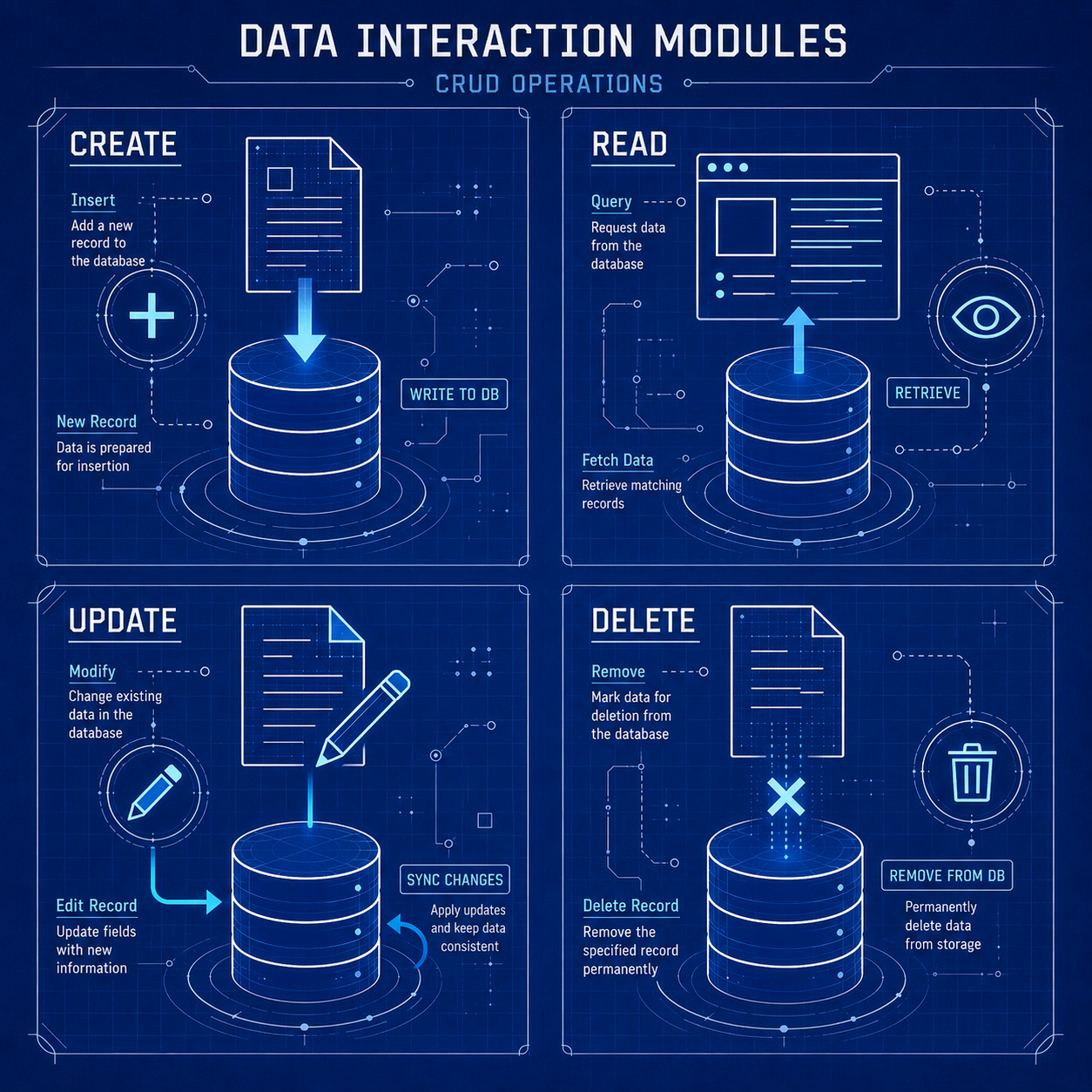 A diagram showing four distinct data interaction modules representing creation, reading, updating, and deletion