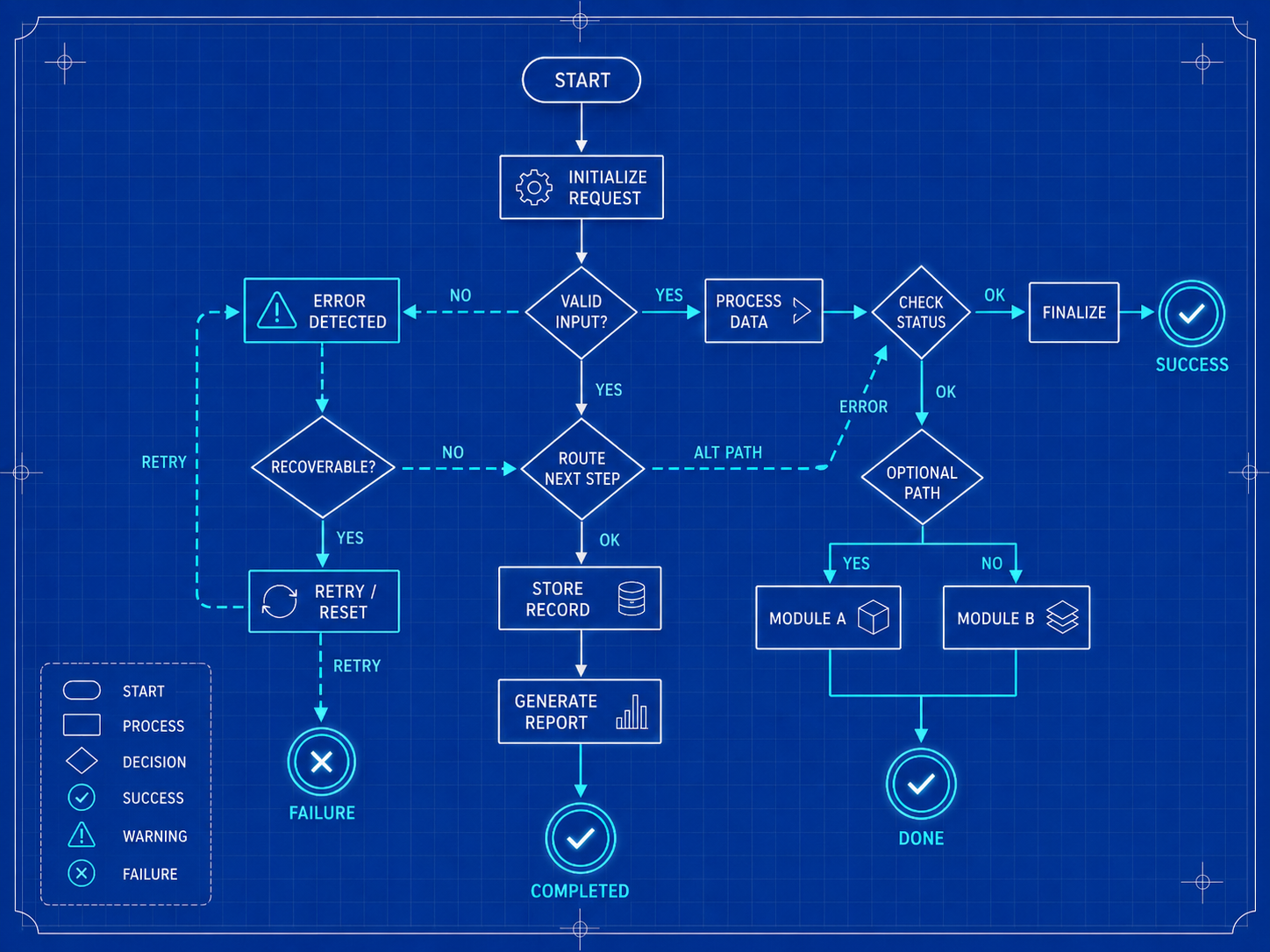 A branching flowchart diagram showing success paths and error handling routes