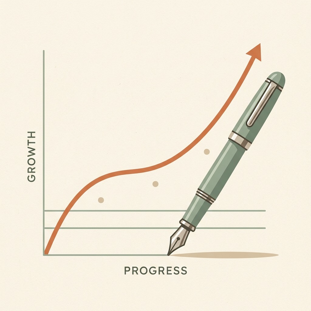 An elegant fountain pen drawing a rising growth line symbolizing a successful sales pitch