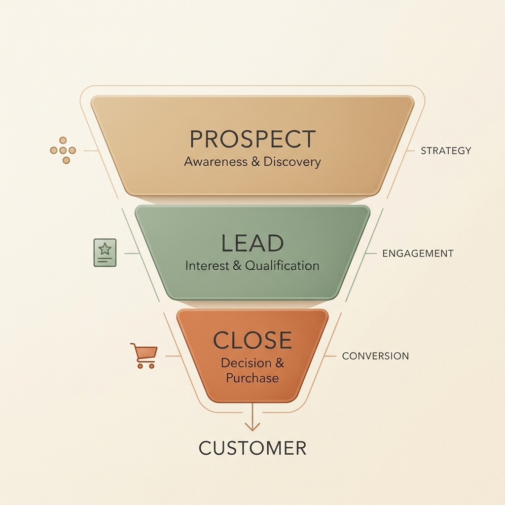 A clean sales funnel diagram showing Prospect, Lead, and Close levels