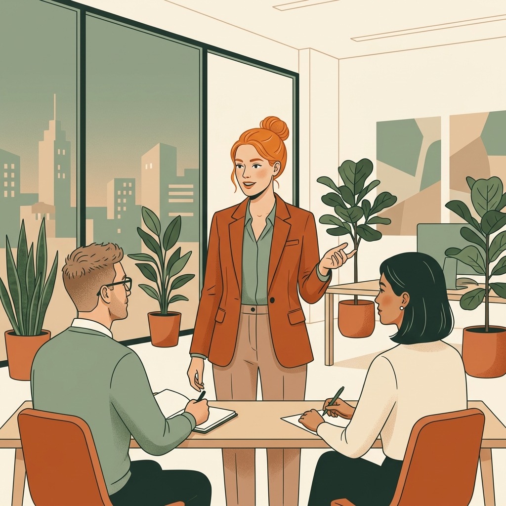 A professional sales candidate speaking confidently during an interview with a panel of interviewers