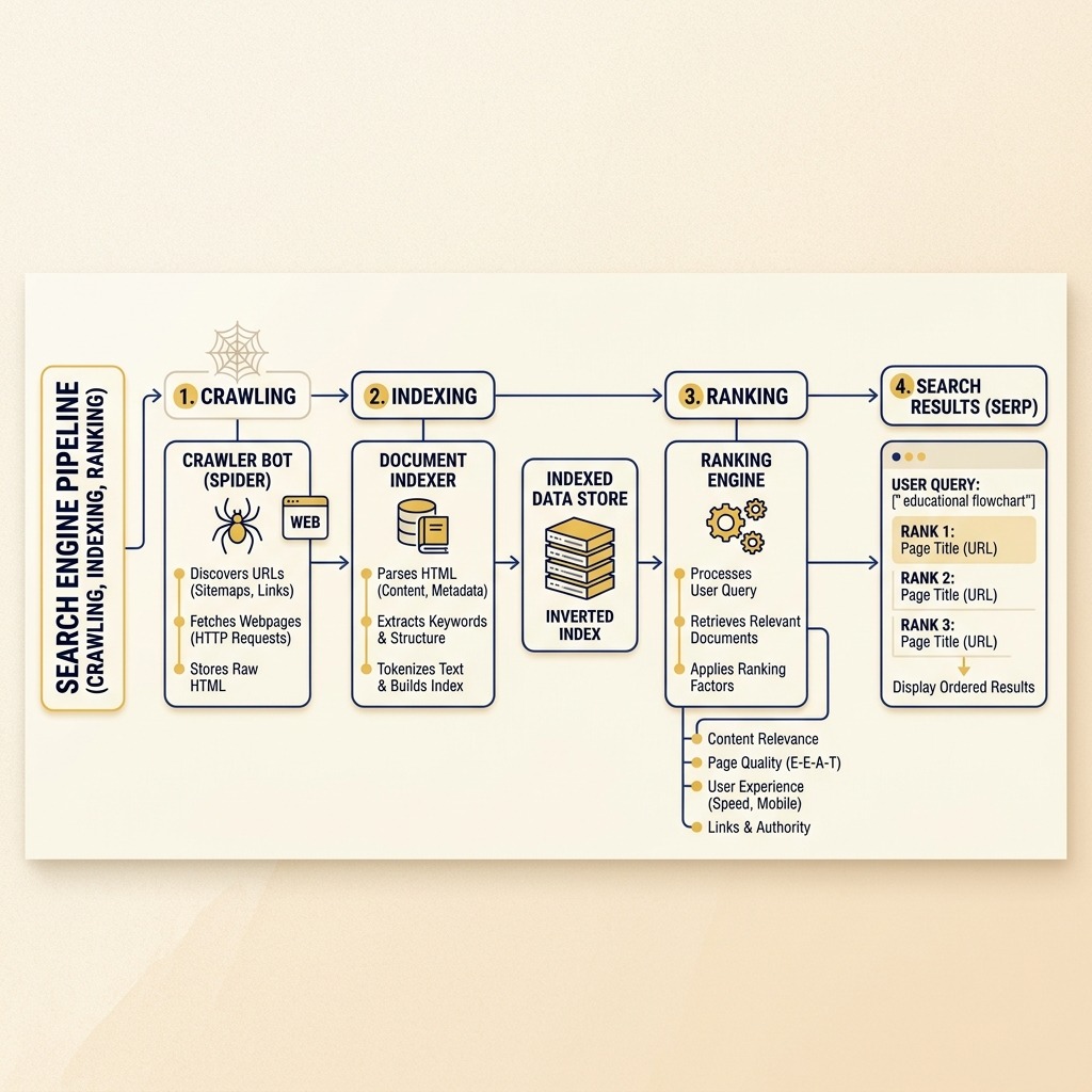 Search Engine Crawling, Indexing, and Ranking Diagram