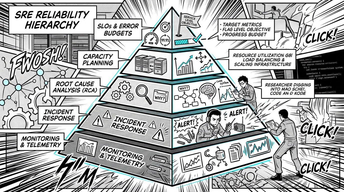 SRE reliability hierarchy pyramid showing monitoring, incident response, postmortems, and service level objectives in tech manga style