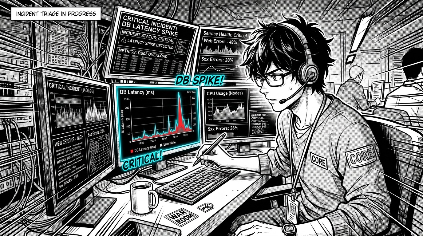 Site reliability engineer managing production incident triage on multi-monitor telemetry dashboard in tech manga style