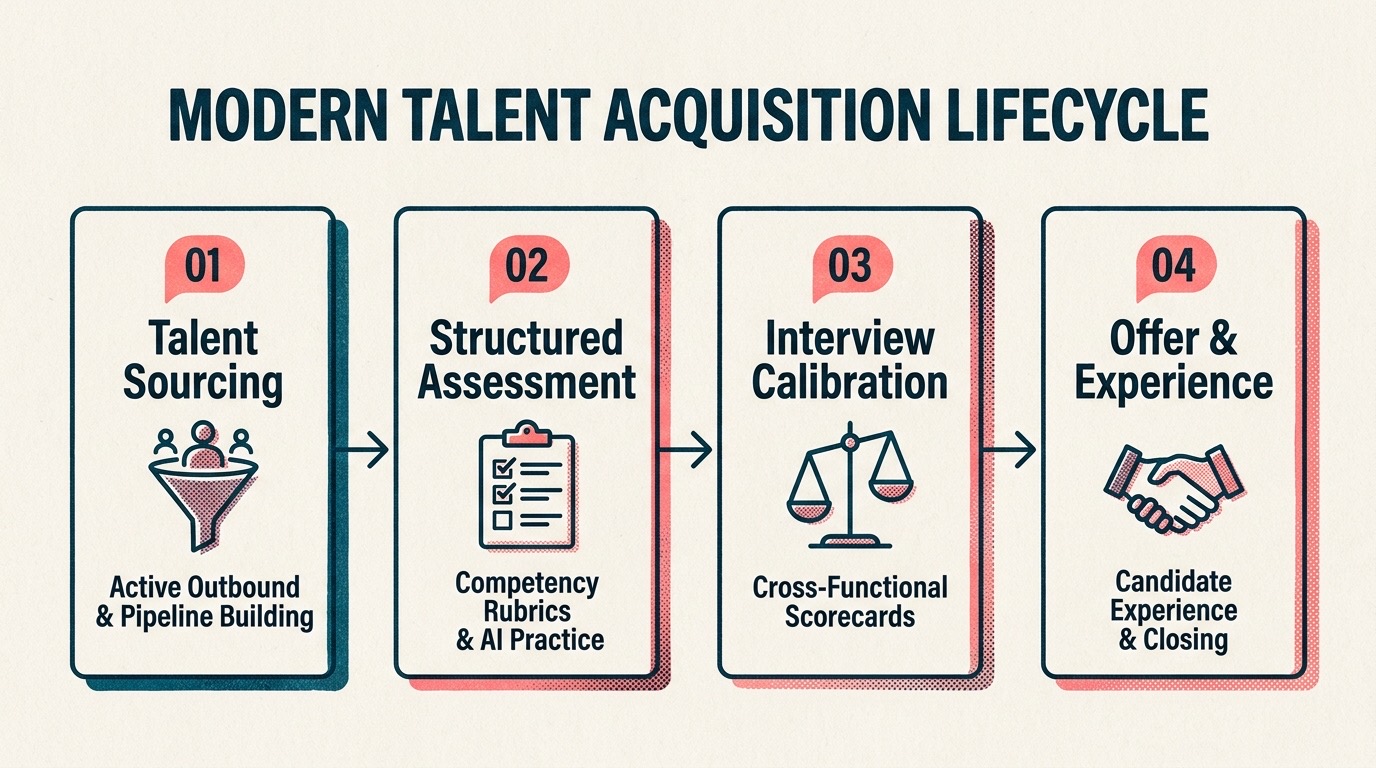 Process diagram showing the 4 stages of the modern talent acquisition lifecycle from sourcing to closing in Risograph style