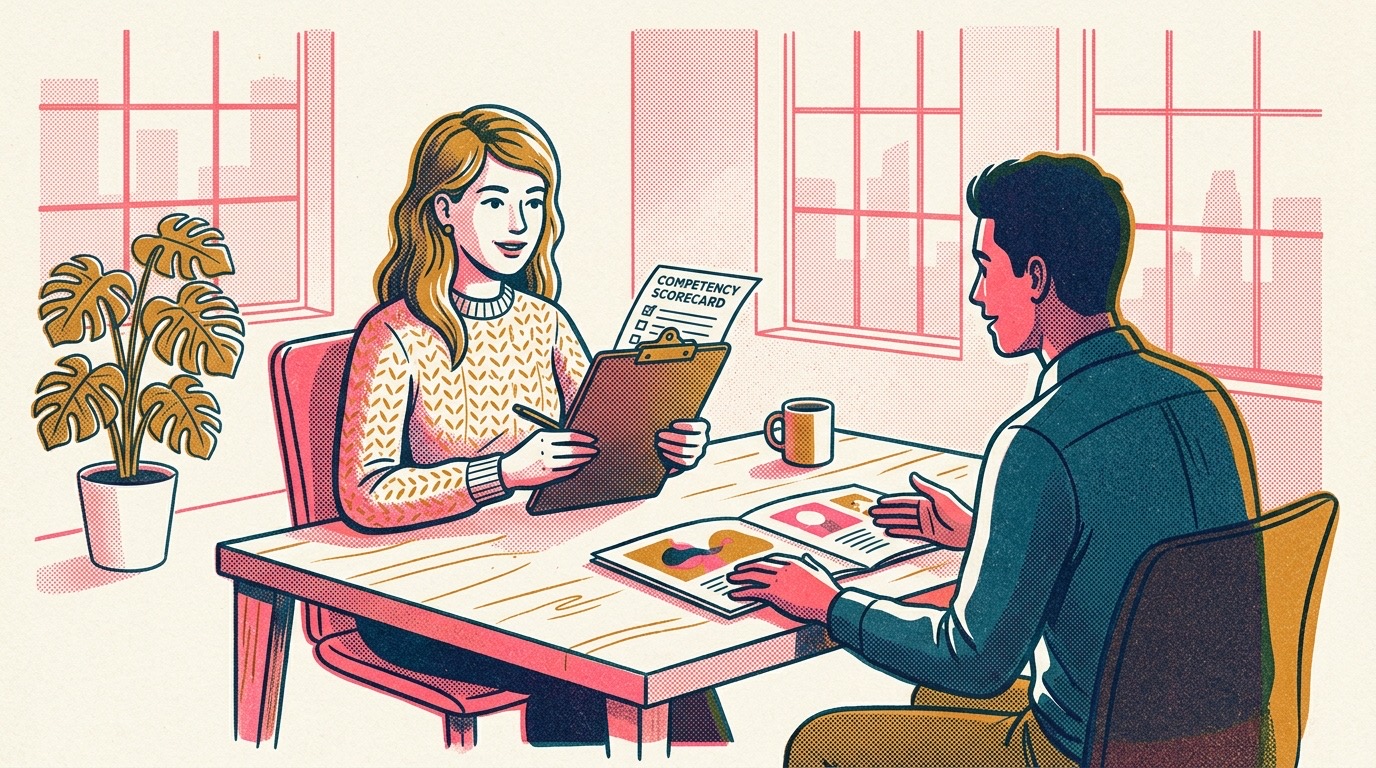 A Talent Acquisition Specialist conducting an in-depth candidate interview with a structured evaluation rubric in Risograph print style