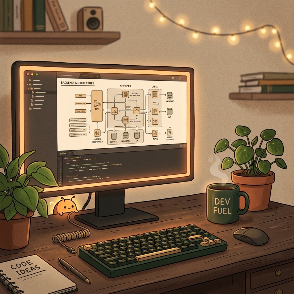 A developer desk showing code, a mug, and a tiny bug hiding behind a plant