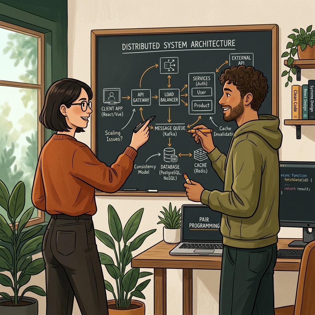 Interviewer and candidate collaborating on a whiteboard diagram