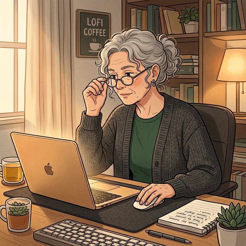 An interviewer looking at a resume in a cozy workspace