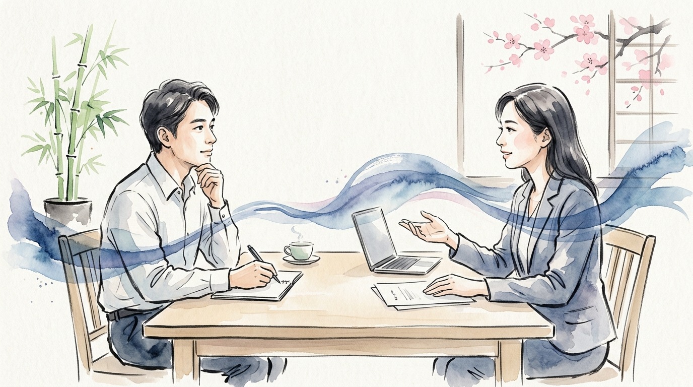 Artistic Japanese watercolor illustration of a collaborative interview discussion balancing technical logic with interpersonal harmony