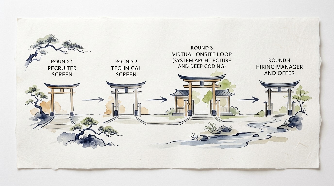 Artistic Japanese watercolor roadmap showing the four major interview gates from recruiter screen to offer review