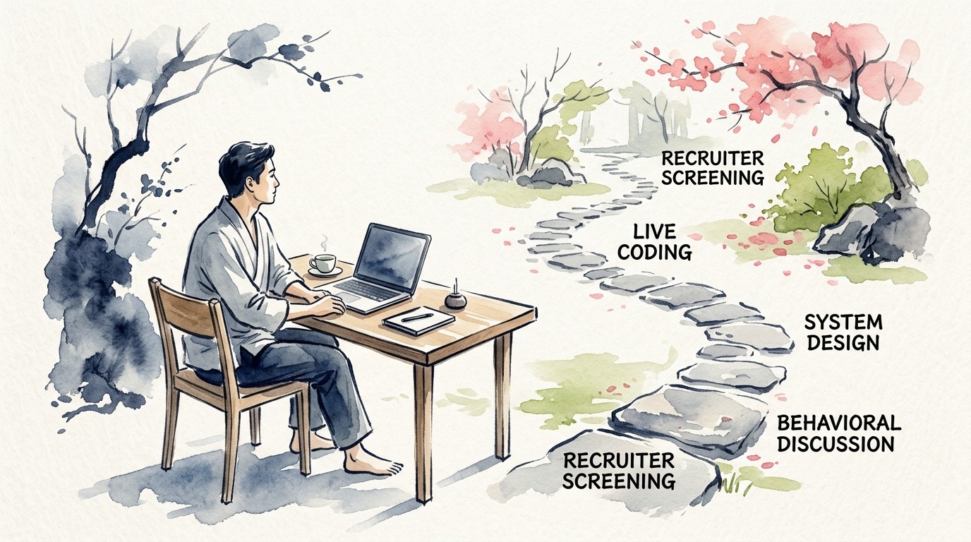 Candidate reflecting on an interview journey across stepping stones marked with interview rounds in a serene Japanese watercolor garden