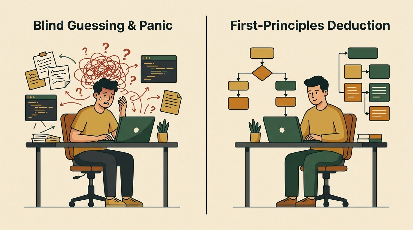 Side-by-side comparison of blind guessing versus first-principles deduction