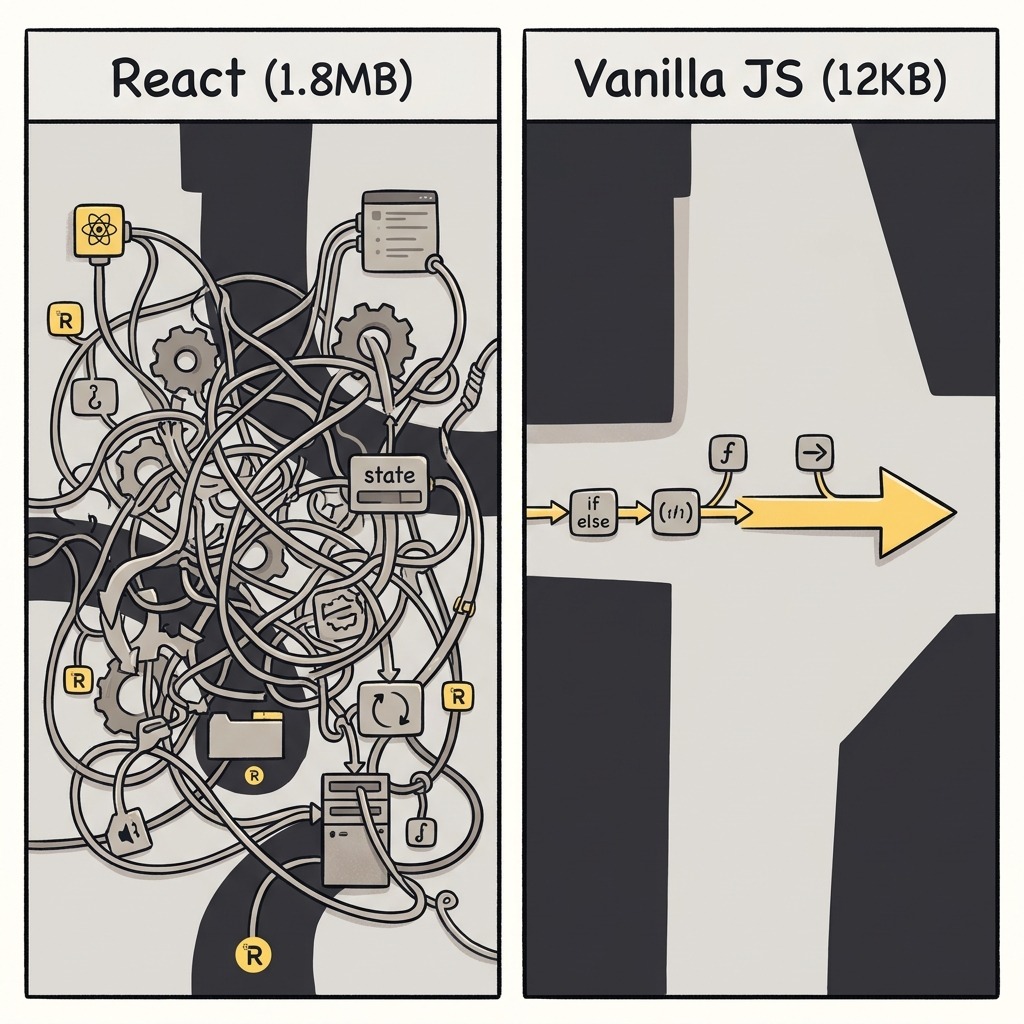 Comparison between tangled React bundle and direct Vanilla JS flow