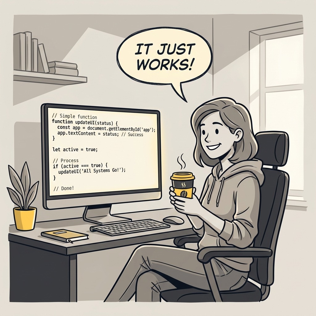 Relieved developer celebrating clean Vanilla JS code