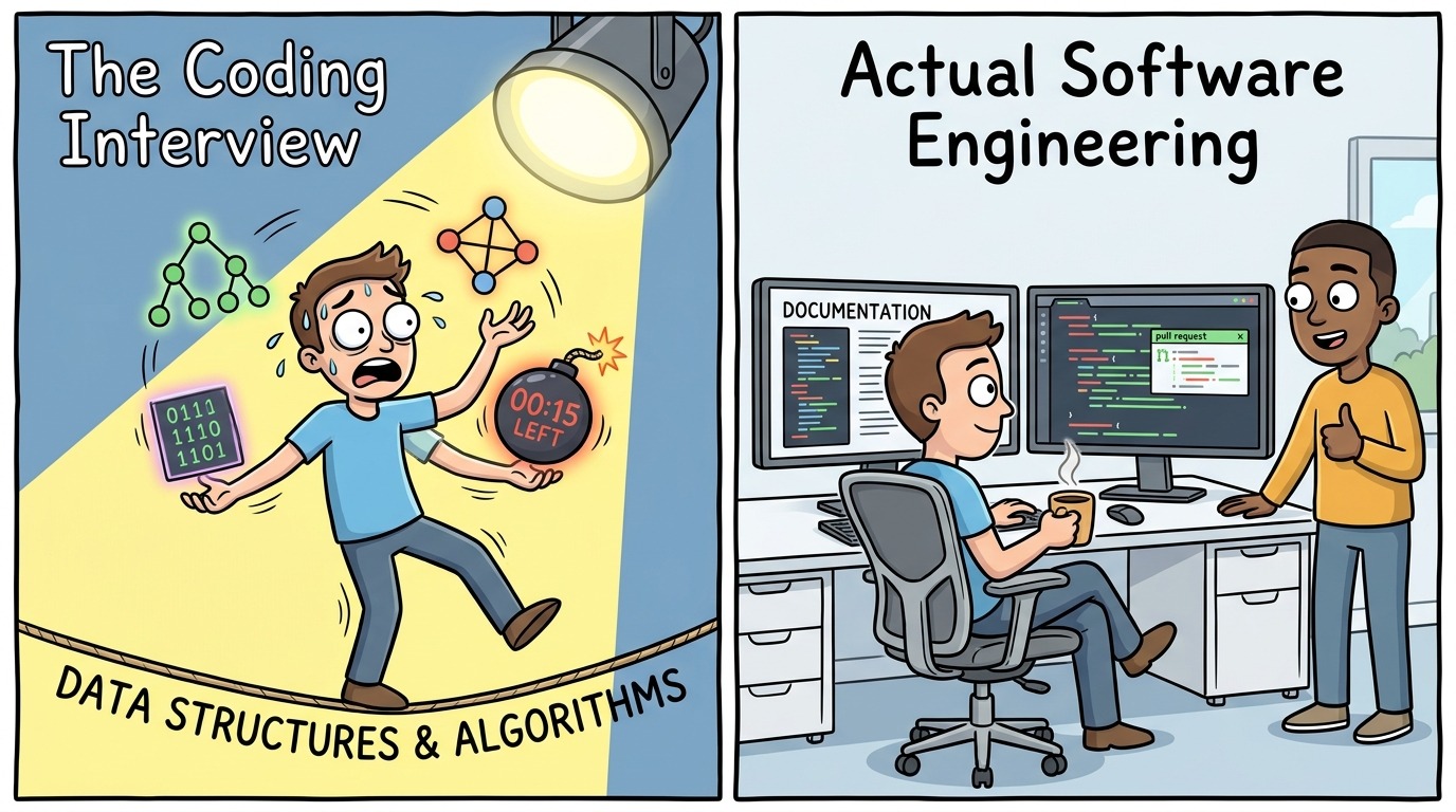 Split panel developer comic comparing stressful coding interview puzzles against collaborative actual software engineering