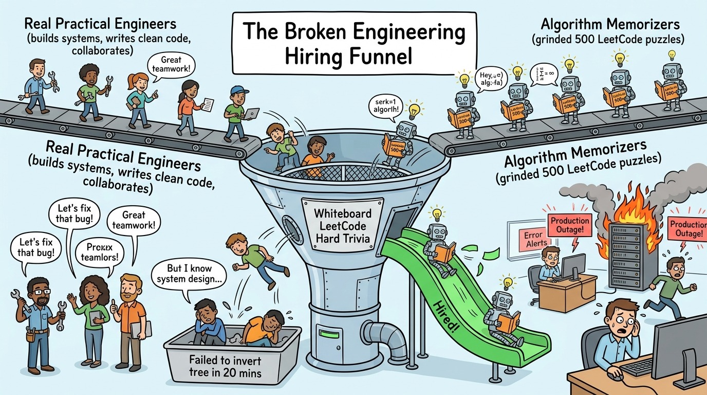 Satirical webcomic infographic illustrating the broken tech hiring funnel filtering out practical engineers
