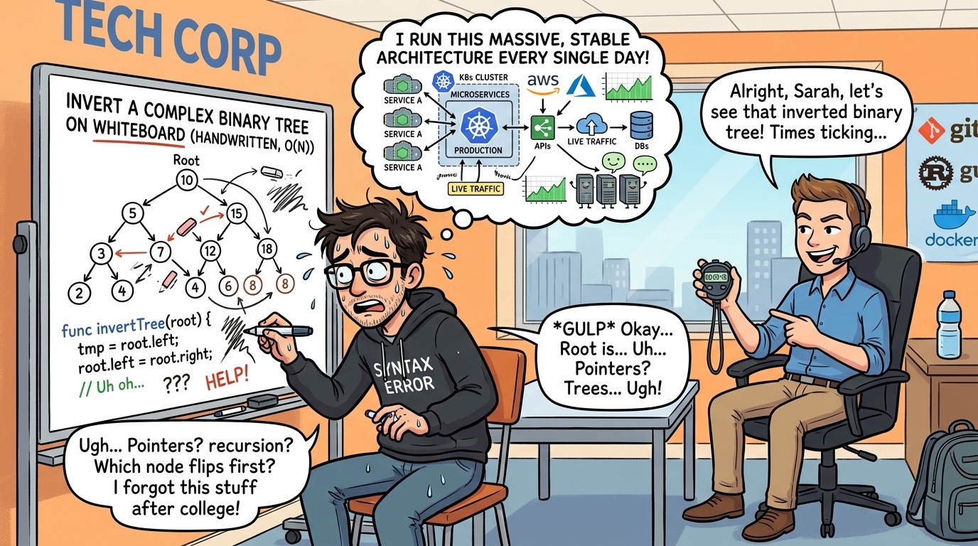 Humorous developer webcomic showing an engineer sweating over an inverted binary tree on a whiteboard while thinking of distributed systems