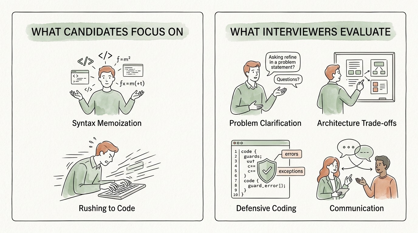 Comparison diagram showing superficial coding focus versus core interview evaluation signals