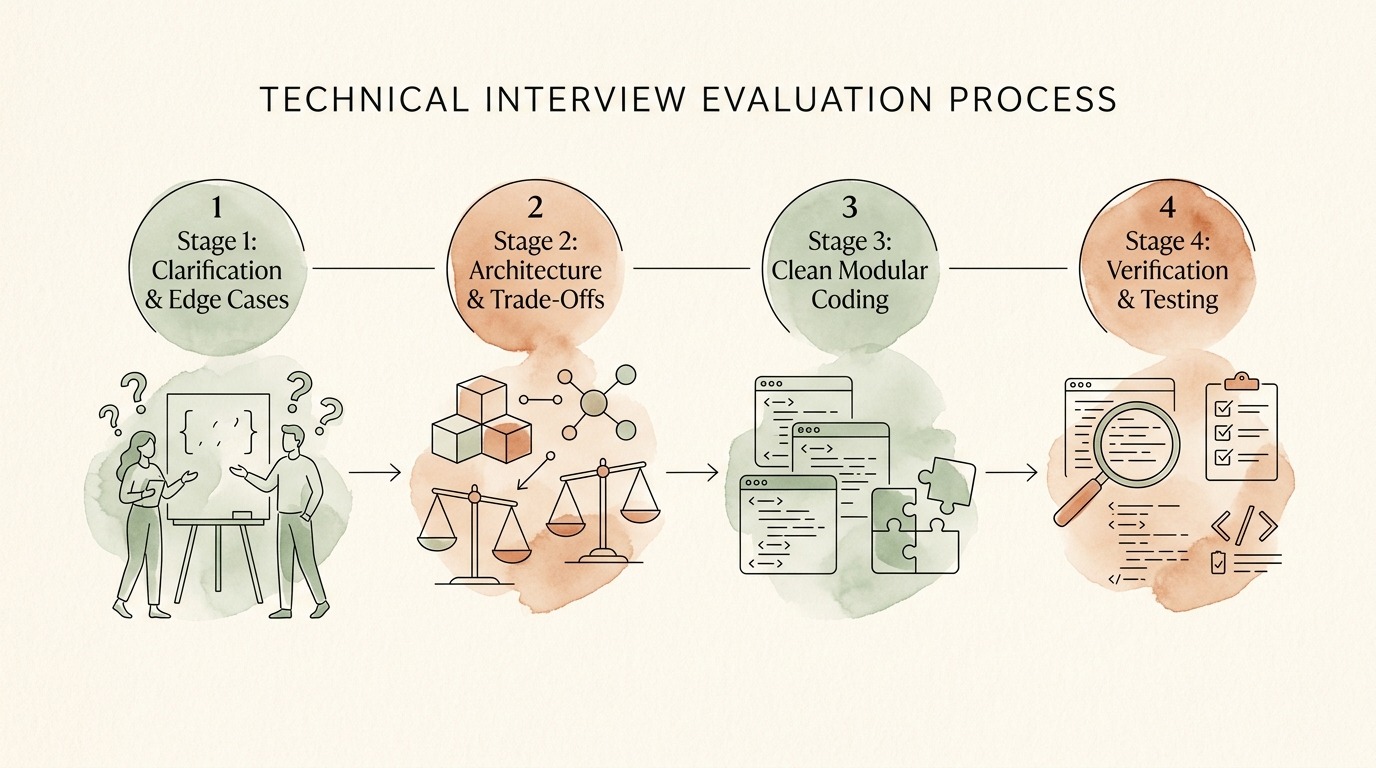 Flowchart outlining the four critical stages of technical interview evaluation