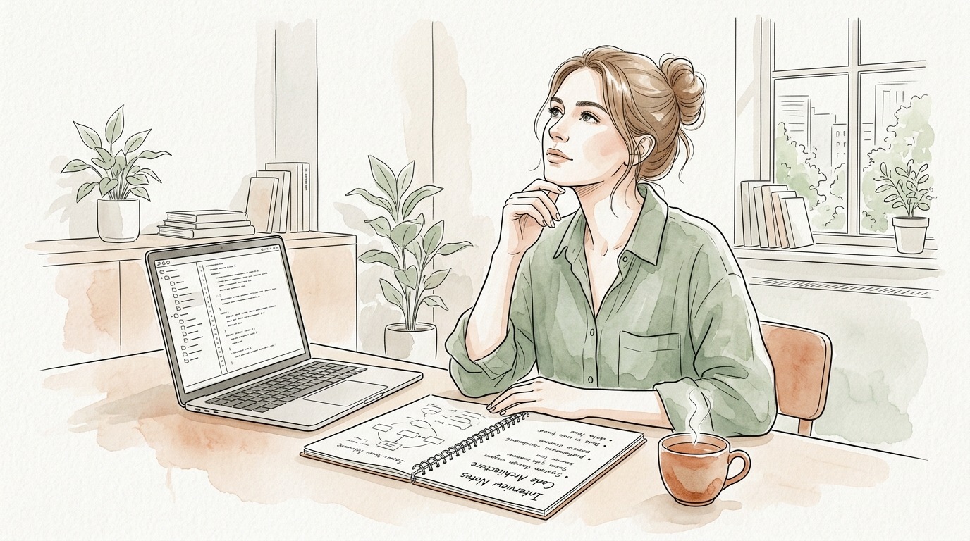 A thoughtful software developer sitting at a desk reflecting on technical interview notes