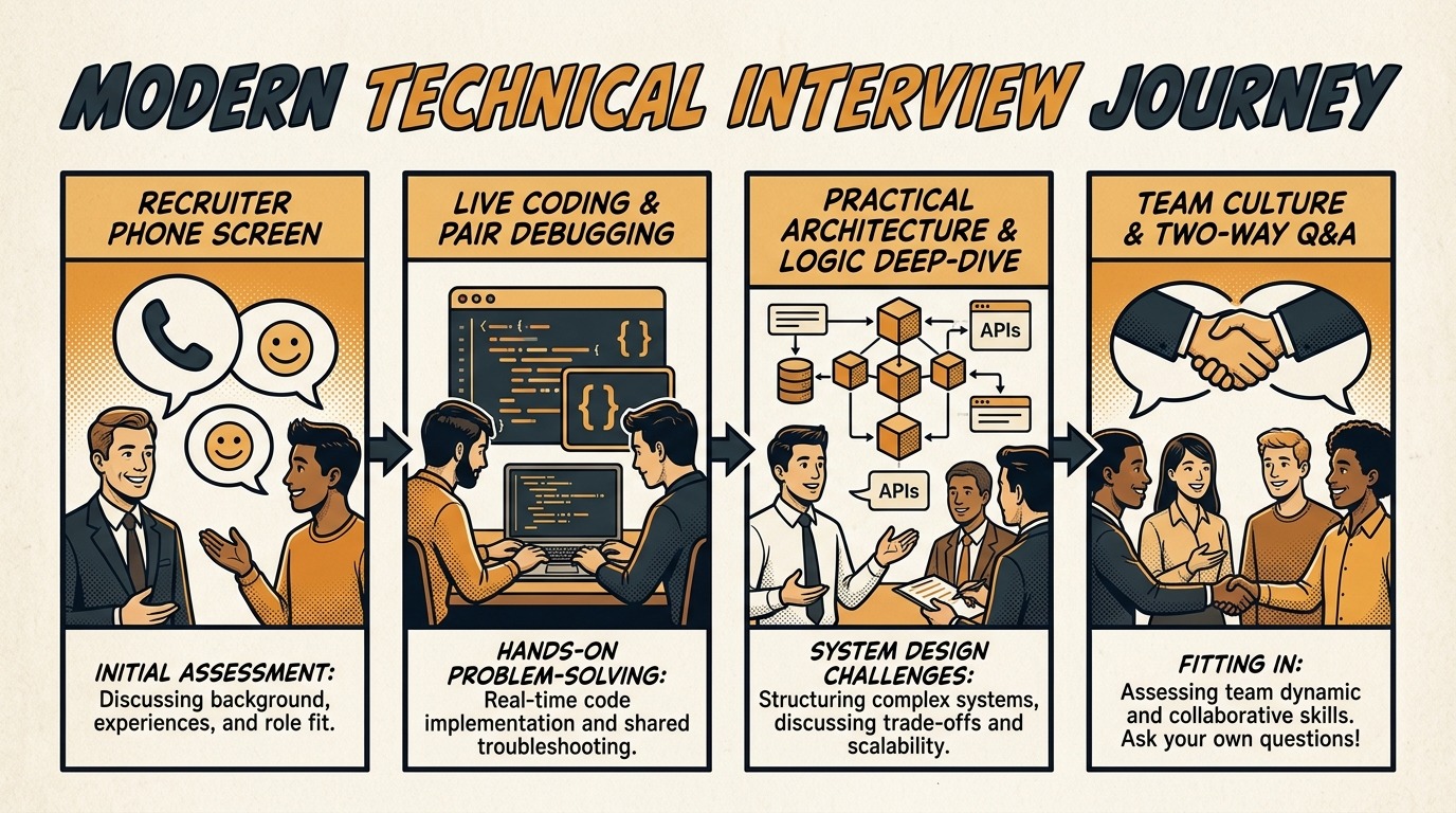 Four distinct stages of a modern technical interview workflow