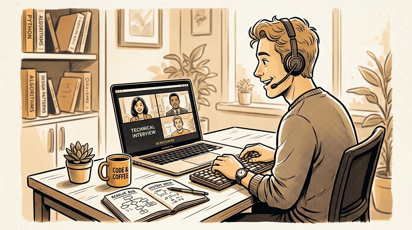 Junior software engineer participating in a video technical interview with a smiling panel